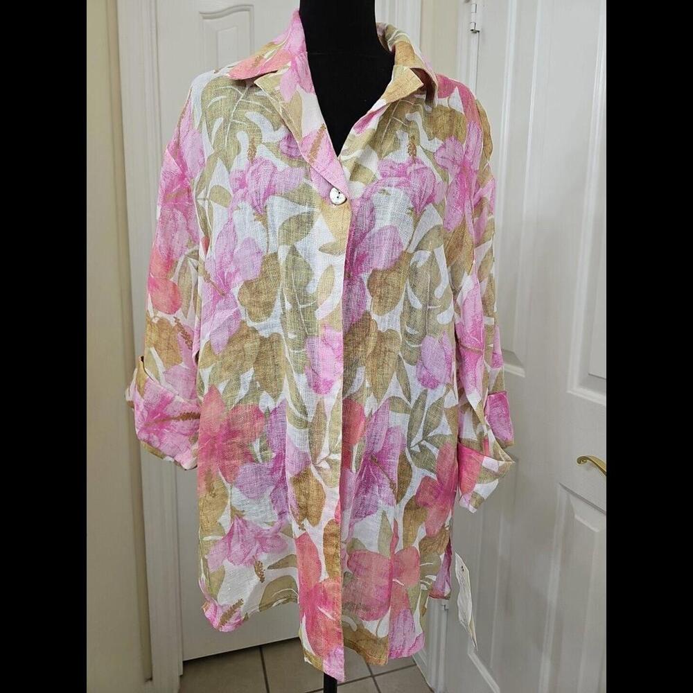 JONES New York Sz Linen Floral Jacket 1 Button Cuff Sleeve‎ Feminine Lightweight